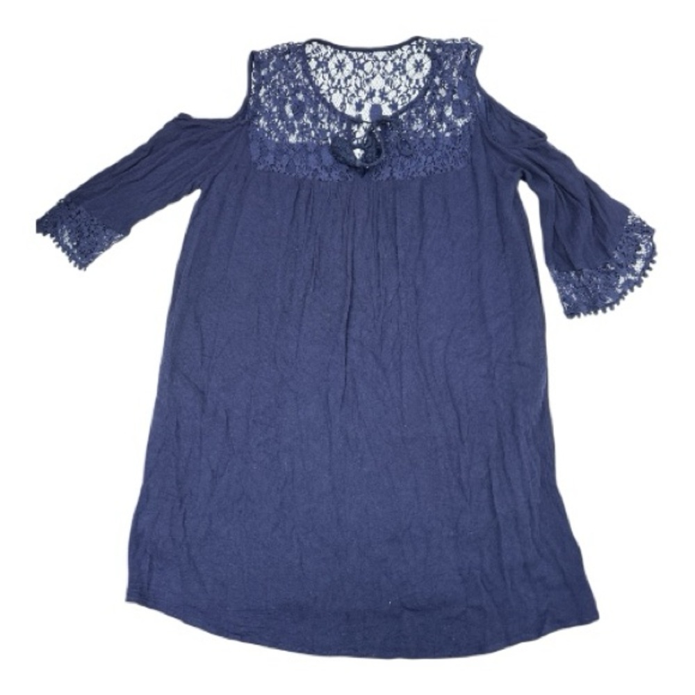 Heartloom Women’s Navy Blue Cold Shoulder Boho Mini Dress w/Lace Detail Size S